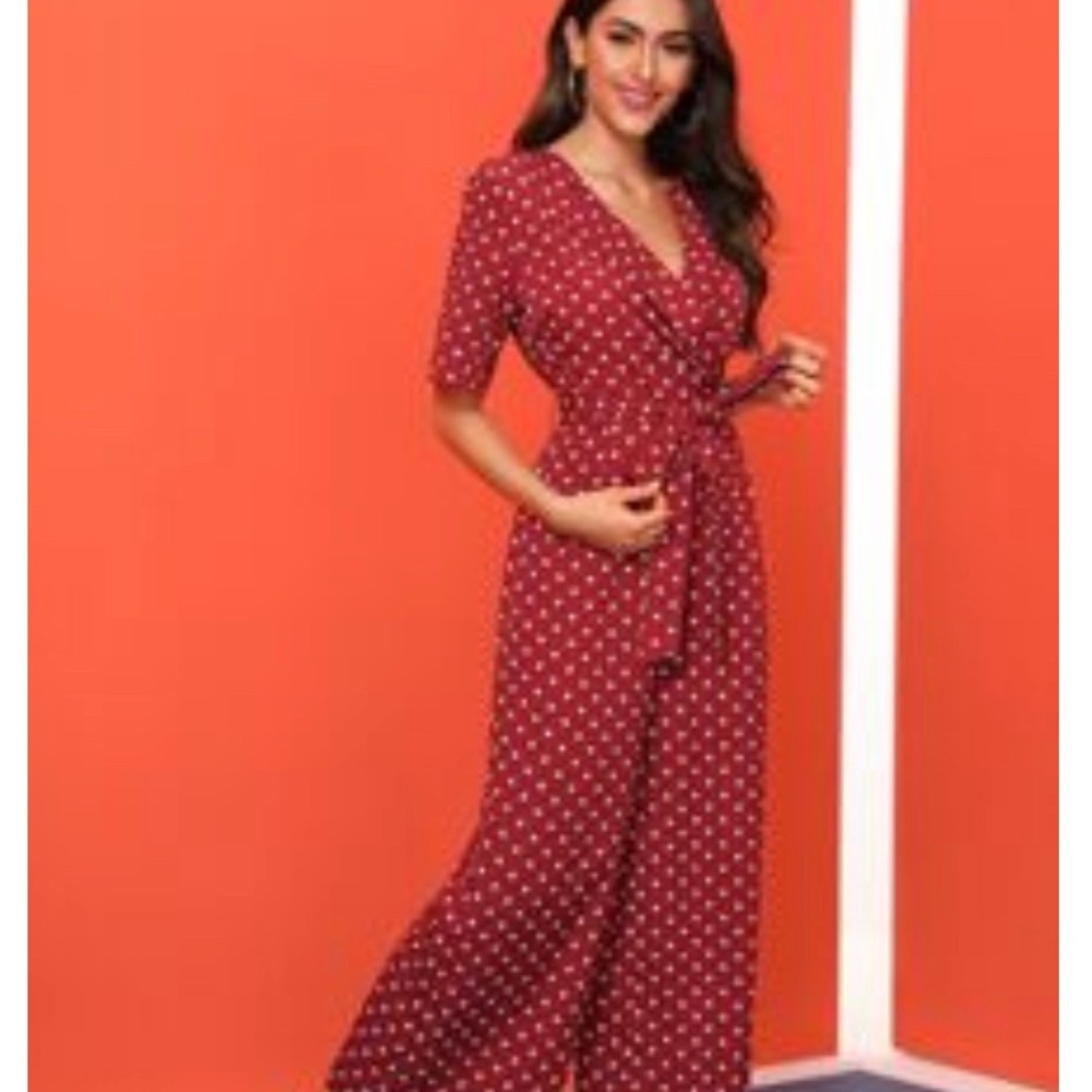 Burgundy Red Jumpsuit with White Polka Dots